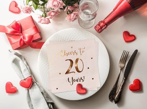 Cheers to 20 Years Cocktail Napkins | Happy 20th Birthday Decorations for Men and Women and Wedding Anniversary Party Decorations | 50-Pack 3-Ply Napkins | 5 x 5 inch folded (Pink)