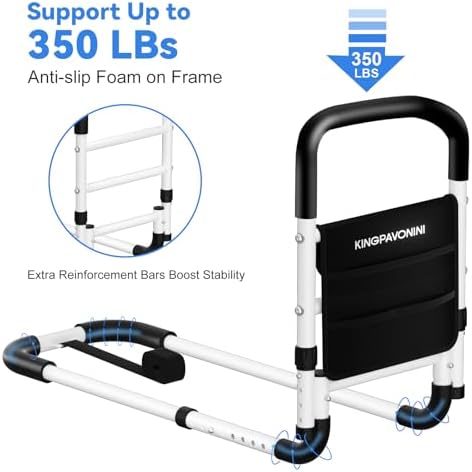 KingPavonini Bed Rails for Elderly Adults Safety - Adjustable Bed Cane with Non-Slip Ergonomic Handle and Storage Pocket, Bed Railings for Seniors Hold up to 350 Lbs, Tool-Free Installation