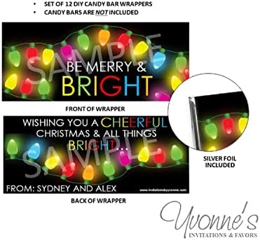 Christmas Candy Bar Wrappers for Chocolate Bar Favors - Merry and Bright - for Christmas Holiday Party, Office, School, Teacher, Stocking Stuffer (Set of 12) Candy Not Included