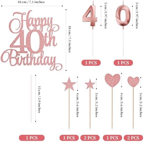 40th Birthday Cake Decorations, 40th Birthday Candles Cake Numeral Candles and Glitter Happy 40th Birthday Cake Toppers Set for Birthday Party Supplies (Rose Gold)