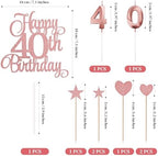 40th Birthday Cake Decorations, 40th Birthday Candles Cake Numeral Candles and Glitter Happy 40th Birthday Cake Toppers Set for Birthday Party Supplies (Rose Gold)
