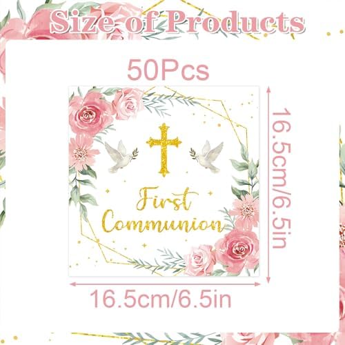 Rakuto First Communion Party Decorations, 50PCS First Holy 1st Communion Disposable Paper Napkins Table Decoration, Pink Baptism Napkins Decor Supplies for Christening Church (6.5 X 6.5 Inch)