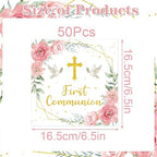 Rakuto First Communion Party Decorations, 50PCS First Holy 1st Communion Disposable Paper Napkins Table Decoration, Pink Baptism Napkins Decor Supplies for Christening Church (6.5 X 6.5 Inch)