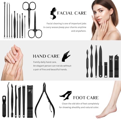 MINKINH Manicure Set Professional Nail Clipper Kit-26 Pieces Stainless Steel Manicure Kit,Nail Care Tools with Luxurious Travel Case Nail Grooming Kit Present for Men Husband Boyfriend Parent (Black)