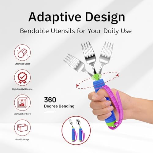 3 Pcs Adaptive Utensils for Disability, 360°Gadgets Swivel Fork Spoon with Adjustable Silicone Strap for Weak Hand Grip & Handicapped & Parkinsons Travel Eating Utensils for Disabled, Elderly