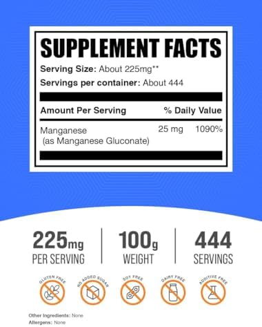 BulkSupplements.com Manganese Gluconate Powder - Manganese Supplement, Essential Trace Mineral - High Absorption & Gluten Free, 225mg per Serving, 100g (3.5 oz) (Pack of 1)
