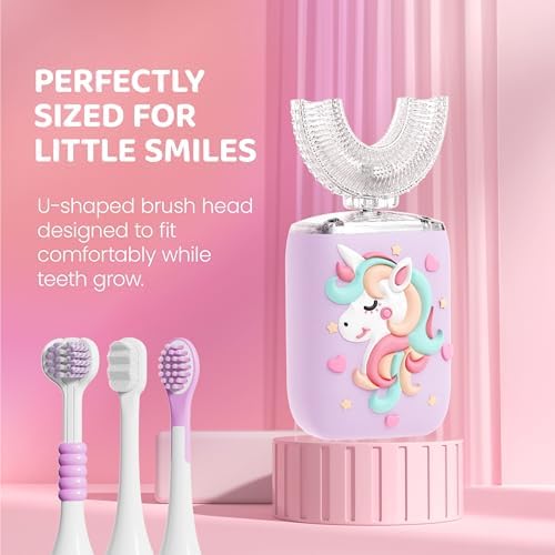Well Before Kids U Shaped Electric Toothbrush with 5 Brush Heads, Ultrasonic, 5 Modes, IPX7 Waterproof Design (Unicorn, Purple Ages 2-7)