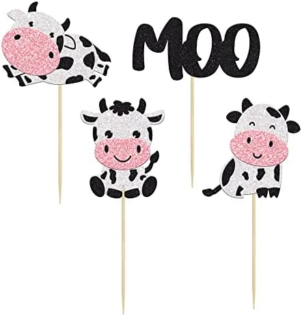 Gyufise 24Pcs Cow Cupcake Toppers Glitter Farm Animals Moo Cupcake Picks Cow Theme Baby Shower Kids Birthday Party Cake Decorations Supplies