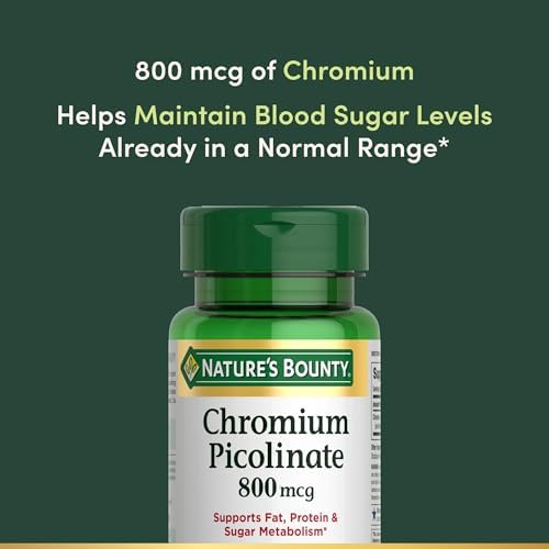 Nature's Bounty Chromium Picolinate, Supports Fat, Protein & Sugar Metabolism, Mineral Supplement, 800 mcg, 50 Tablets