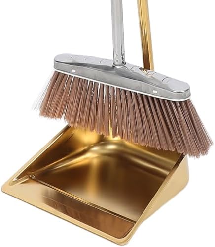 MERRYHAPY Gold Dustpan and Broom Set Stainless Steel Heavy Duty Cleaning Tools for Indoor and Outdoor Use with Ergonomic Handles 35.43 Inch Length