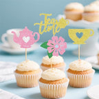 12 PCS Tea Party Cupcake Toppers, Teapot and Floral Theme Cake Decor for Afternoon Tea, Baby Showers, or Garden Themed Parties