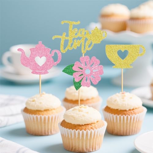 12 PCS Tea Party Cupcake Toppers, Teapot and Floral Theme Cake Decor for Afternoon Tea, Baby Showers, or Garden Themed Parties