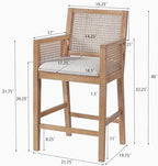 Merax Natural Rattan Counter Stools with Upholstered Cushion Set of 2, 26" Seat Height Counter Chairs with Solid Wood Frame & Handwoven Backrest, French Country Barstools for Kitchen Island, Natural