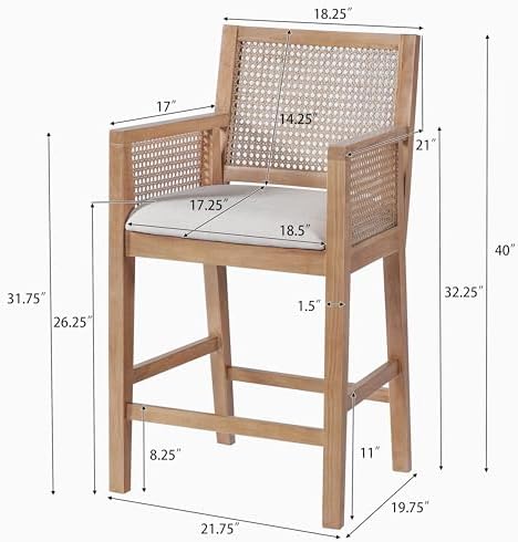 Merax Natural Rattan Counter Stools with Upholstered Cushion Set of 2, 26" Seat Height Counter Chairs with Solid Wood Frame & Handwoven Backrest, French Country Barstools for Kitchen Island, Natural