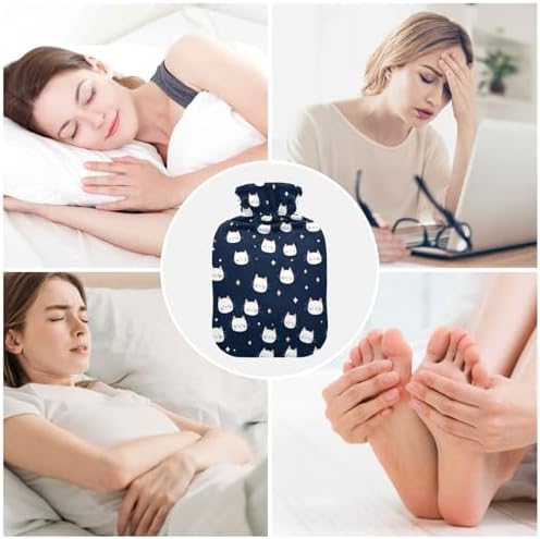 Cute Kitty Navy Blue and White Hot Water Bottle with Cover, 2Liter Soft Velvet Winter Warm Water Bag for Neck and Shoulder Pain Relief Period Cramps Bed Hand Feet Warmer