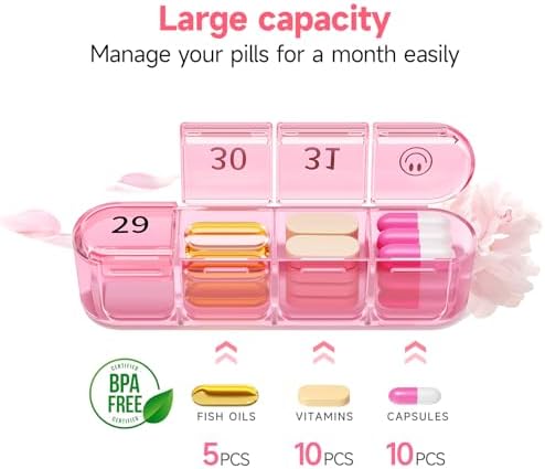 Zoksi Monthly Pill Organizer 1 Time a Day, 30 Day Pill Box Organizer Once a Day, One Month Large Pill Case for Travel, 31 Day Daily Medcine Container for Vitamins, Supplement & Medication (Pink)