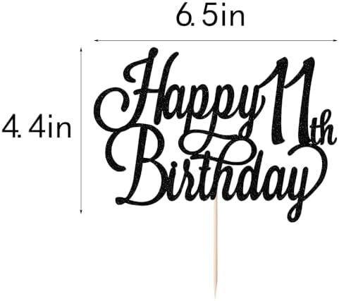 Happy 11th Birthday Cake Topper, Black Glitter 11 & Fabulous/Hello 11th Birthday Anniversary Party Cake Decorations Supplies