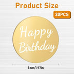 20 Pieces Happy Birthday Acrylic Cake Topper Round, Gold Disc Circle Engraved Personalized Mini Custom Mirror Set for DIY Cupcake Decoration