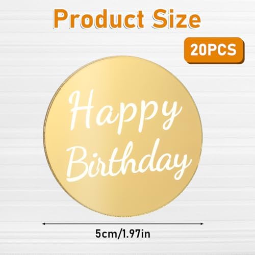 20 Pieces Happy Birthday Acrylic Cake Topper Round, Gold Disc Circle Engraved Personalized Mini Custom Mirror Set for DIY Cupcake Decoration