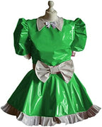 Maid Cosplay Sleeve Mini Dress Ladies Cute White Bowknot Decor Uniform PVC Patchwork A-line Pleated Dress,Green,XXL