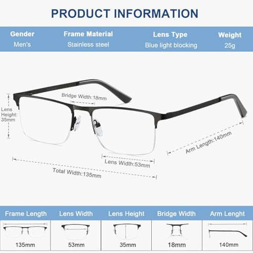 EYECEDAR 5 Pack Quality Reading Glasses Men Metal Half Frame Spring Hinges Blue Light Blocking Computer Eyeglasses Readers for Men 1.5