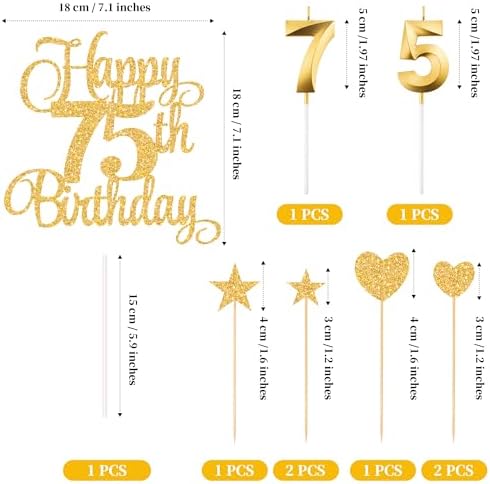 75th Birthday Cake Decorations, 75th Birthday Candles Cake Numeral Candles and Glitter Happy 75th Birthday Cake Toppers Set for Birthday Party Supplies (Gold)
