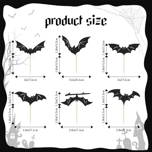 Halloween Bat Cupcake Toppers - 24 PCS Black Glitter Bats for Cake Decorations, Birthday Party Supplies