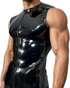 Latex Rubber T-Shirt Tank Crew Neck Front Zip for Men,Latex Top Handmade Theme Club Cosplay Costumes