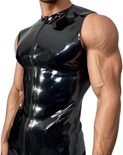 Latex Rubber T-Shirt Tank Crew Neck Front Zip for Men,Latex Top Handmade Theme Club Cosplay Costumes
