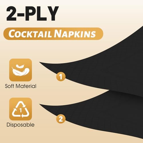 150 Count Cocktail Napkins Paper, 2-Ply Black Beverage Napkins, Napkins Disposable for Bar Wedding Dinner Party Holiday Christmas and Everyday, 4.5 x 4.5 Inch