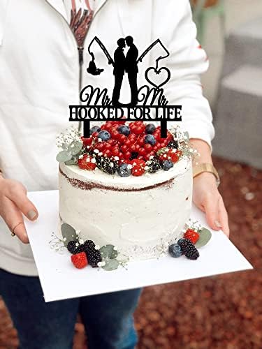 Gay Wedding Cake Topper - HOOKED FOR LIFE - Funny Fishing Gay Wedding Cake Topper, Mr & Mr Wedding Cake Topper (Fishing Gay)