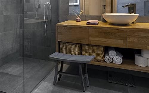CoastalVogue Satori 24 Inch Gray Waterproof Teak Wood Shower Bench Stool Seat Chair for Inside Shower Provides Safety, Storage, and Organization for Bathroom Accessories