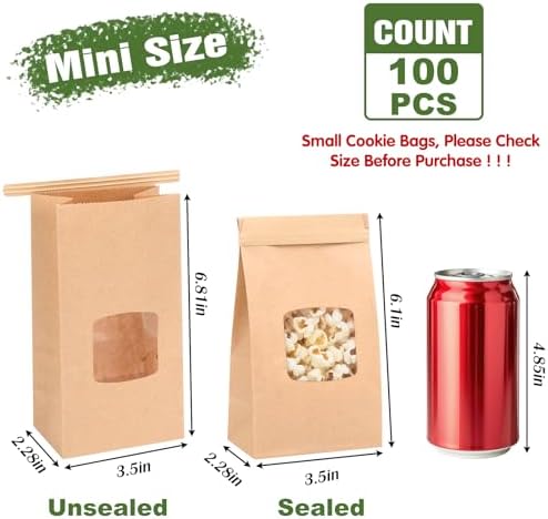 Moretoes 100pcs Small Bakery Cookie Bags with Window, Brown Kraft Paper Bags for Homemade Bread Cookie, 3.5x2.2x6.7in Tin Tie Tab