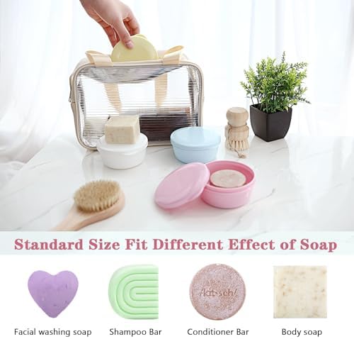 Plastic Soap Container, Soap Bar Holder Travel Case Portable Round Soap Dishes with Lid Leak-Proof Soap Box for Shampoo Bar (Pink & Green)