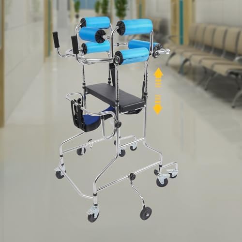 Adult Walker for Seniors - Hemiplegia Rehabilitation Standing Frame, Lower Limb Training Aid with Seat and Wheels for People 58-71 in, withstands 220 lbs, Upright Walkers for Disabled