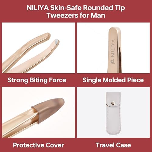 Tweezers for Man, Professional Round Tips Plucker for Chin, with Leather Travel Case (Light Gold)