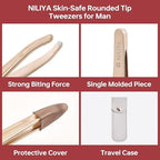 Tweezers for Man, Professional Round Tips Plucker for Chin, with Leather Travel Case (Light Gold)