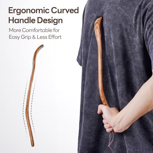 Tomorotec Long Reach 17.5" Wooden Back Scratcher with Curved Bent Handle, Lightweight & Durable Hand-Carved Camphor Wood, Easy Grip for Hard-to-Reach Itches, Natural Wood Body Scratch Tool