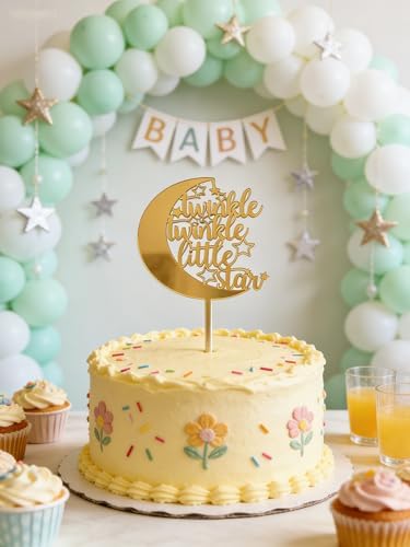 Gold Acrylic Twinkle Twinkle Little Star Cake Topper, Stars Moon Themed Decoration, First Birthday, Great for baby showers Party Decoration