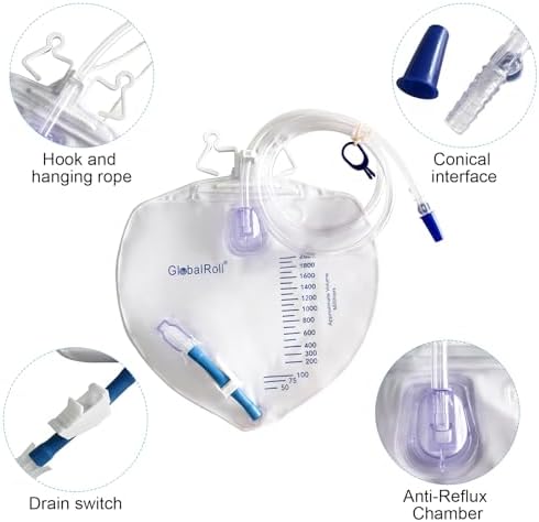 Urinary Drainage Bag with Anti-Reflux Chamber, Bedside Drainage Bag 2000 mL with 48" Drainage Tube, Hook Hanger and Clips, Urine Bag with Plastic Buckle for Home and Hospitals, 1 Pack