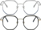 ICARA 2 Pack Polygon Blue Light Blocking Glasses for Women Men Vintage Octagon Square Metal Eyeglasses unisex lightweight