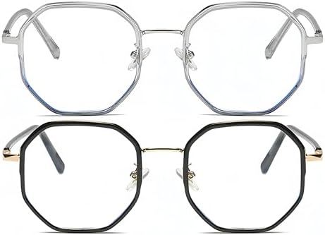 ICARA 2 Pack Polygon Blue Light Blocking Glasses for Women Men Vintage Octagon Square Metal Eyeglasses unisex lightweight
