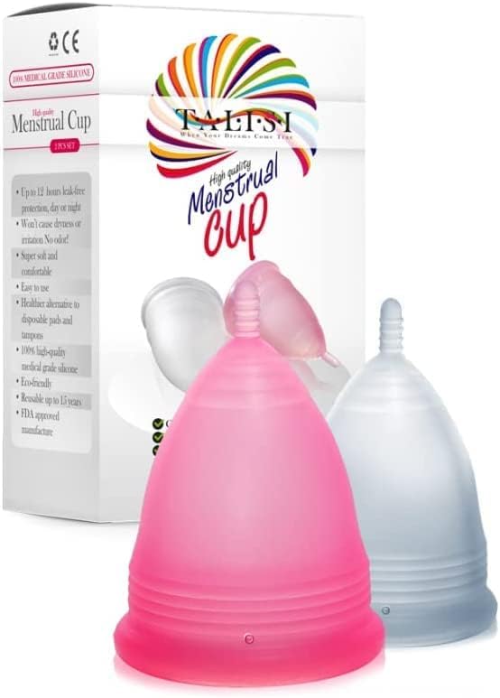 Talisi Menstrual Cups Set of 2 - Reusable Period Kit (Small & Large Sizes) - Super Soft Silicone Regular & Heavy Flow - Feminine Hygiene Products, Tampon & Pad Alternative - Organic Copa Menstrual