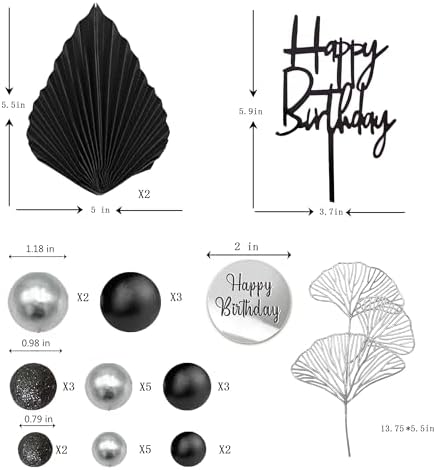 Silver Black Balls Cake Toppers Happy Birthday Cake Decorations for Wedding Baby Shower Birthday Party Decorations (Silver Black)