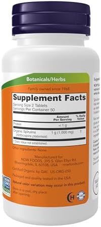 NOW Supplements, Organic Spirulina 500 mg with Vitamins, Minerals and GLA (Gamma-Linolenic Acid), 100 Tablets