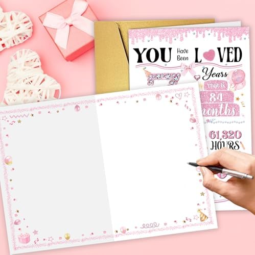 Cute 7th Birthday Card Gift for Girls Kids Child, Ideal 7 Years Old Birthday Card for Daughter Granddaughter Niece Sister Her, Best Happy Seven Years Old Gift from Dad Mom Grandma Grandpa