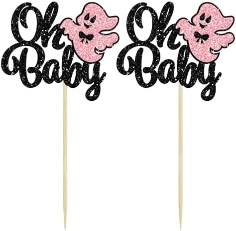 Gyufise 24Pcs Ghost Oh Baby Cupcake Toppers Glitter Bow Spooky Halloween Cupcake Pick Decorations for Halloween Theme Baby Shower Kids Birthday Party Supplies Black