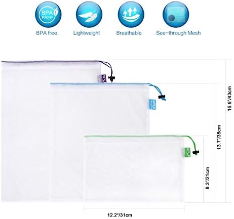 SPLF 12 Pcs Heavy Duty Reusable Mesh Produce Bags, Barcode Scanable See Through Food Safe Mesh Bags with Drawstring for Fruits, Vegetable, Food, Toys, Grocery Storage, Large Medium Small