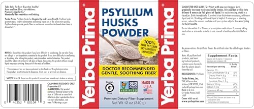 Yerba Prima Psyllium Husks Powder 12 oz - Natural Fiber Supplement - Colon Cleanser - Gut Health - Vegan, Non-GMO, Gluten-Free (New Label - Packaging May Vary)