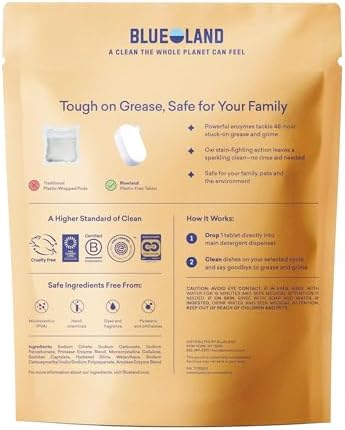 BLUELAND 100% Plastic-Free Dishwasher Detergent Tablets, 60 Count, Free & Clear, Eco-Friendly Dishwashing Pods, Natural, USDA Certified biobased